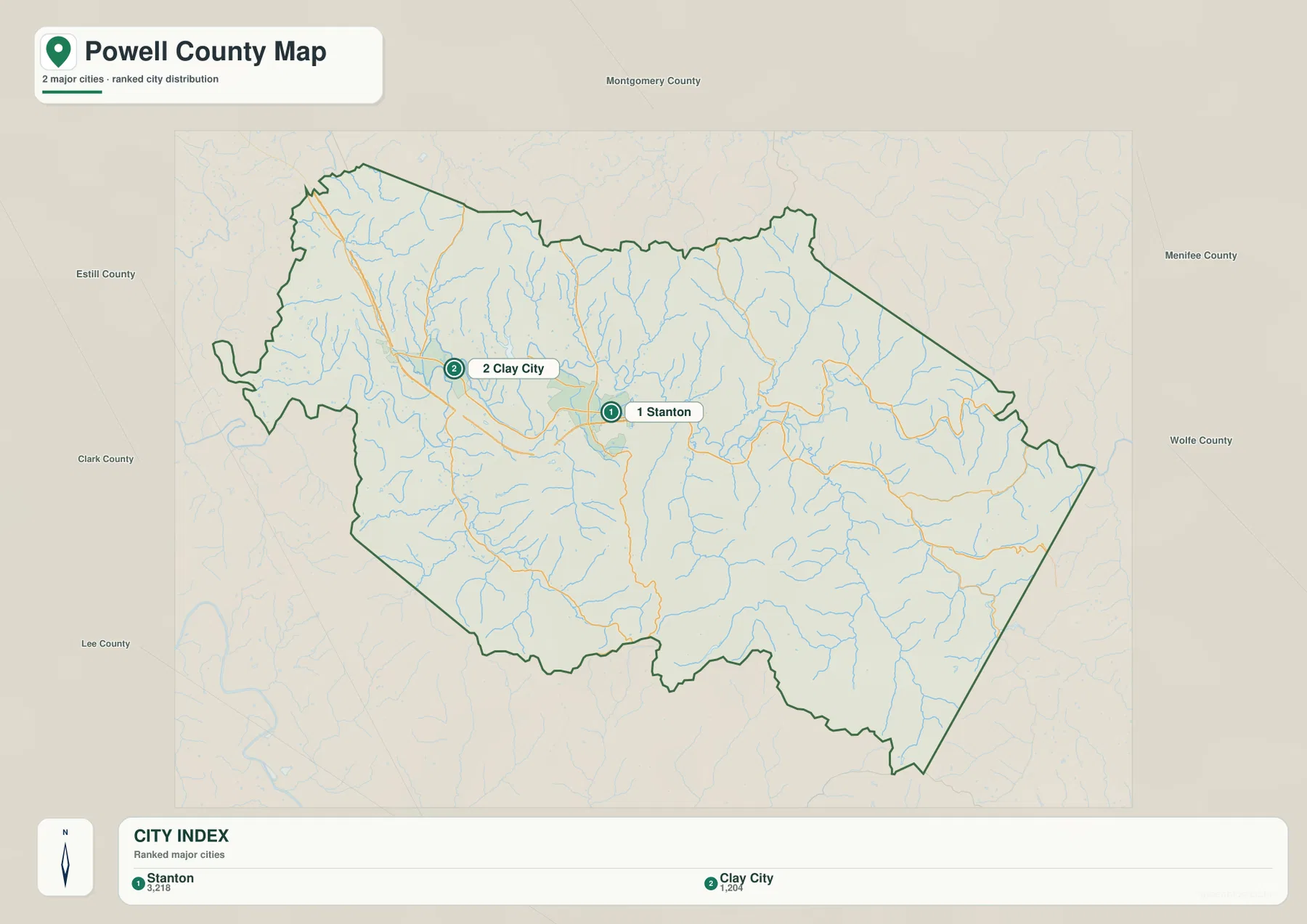 Powell County 도시 분포 지도에서 Stanton과 Clay City의 순위와 주변 카운티를 보여 주는 지도
