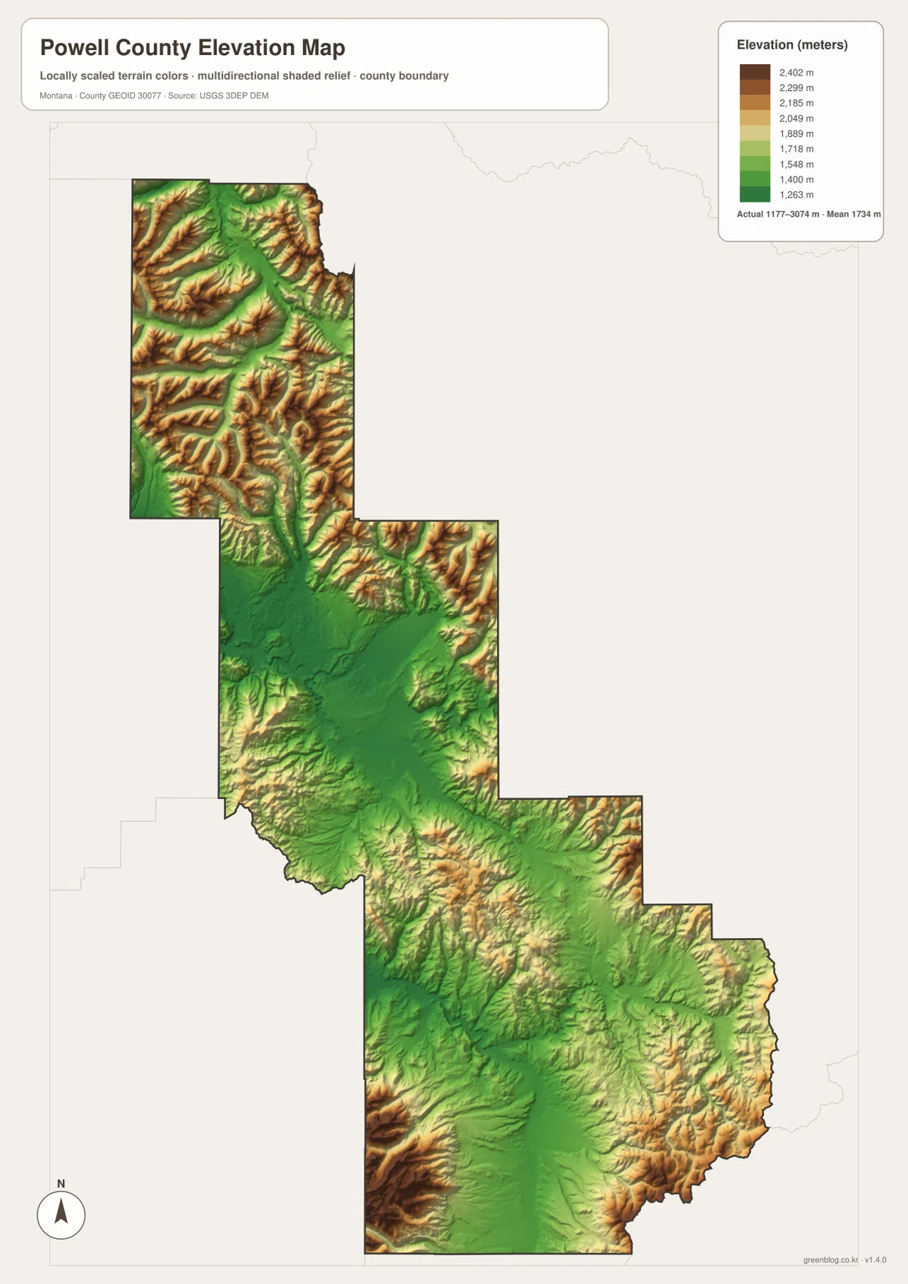 Powell County Montana elevation map showing an actual range of 1177 to 3074 meters and a mean of 1734 meters