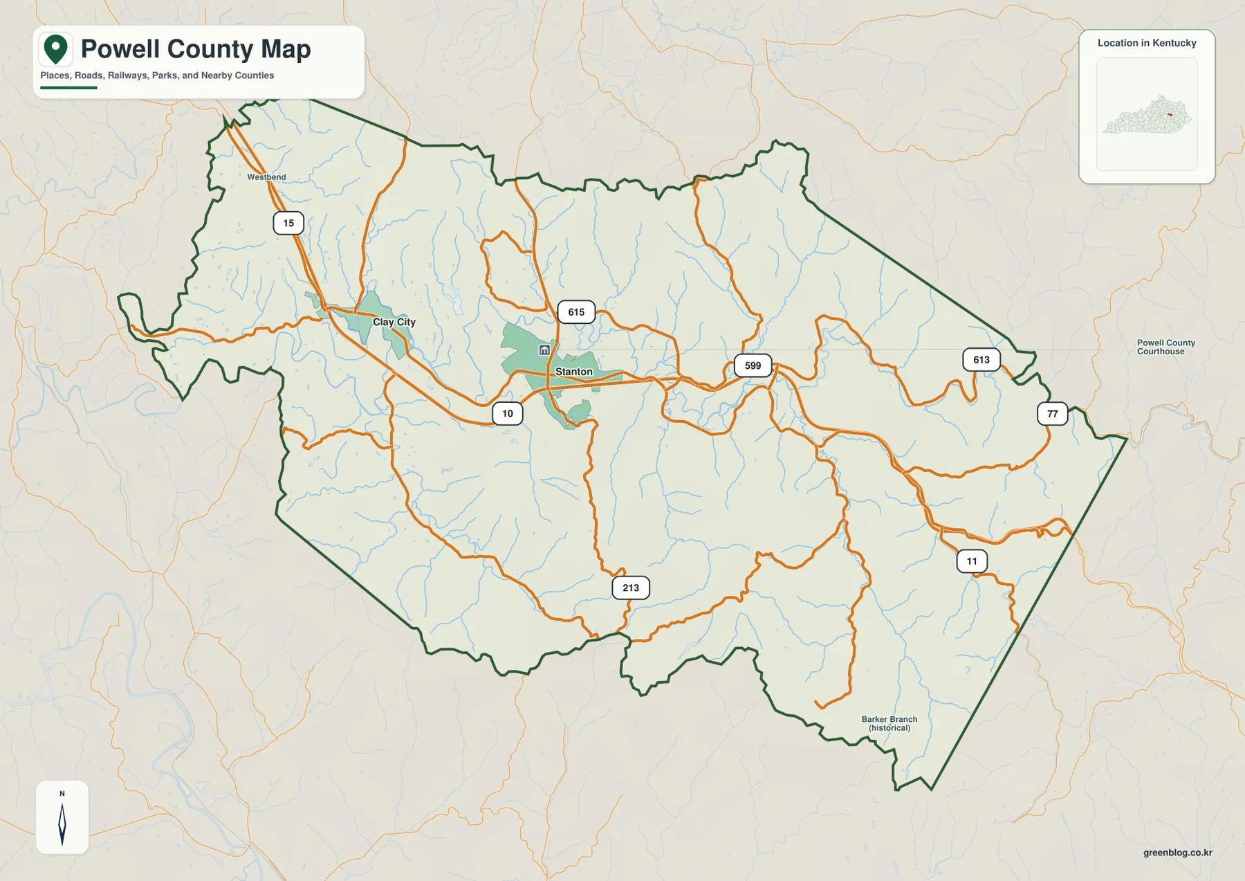 켄터키주 Powell County의 Stanton, Clay City, Westbend와 15번·10번·11번·213번·599번·613번·615번·77번 도로를 표시한 지도