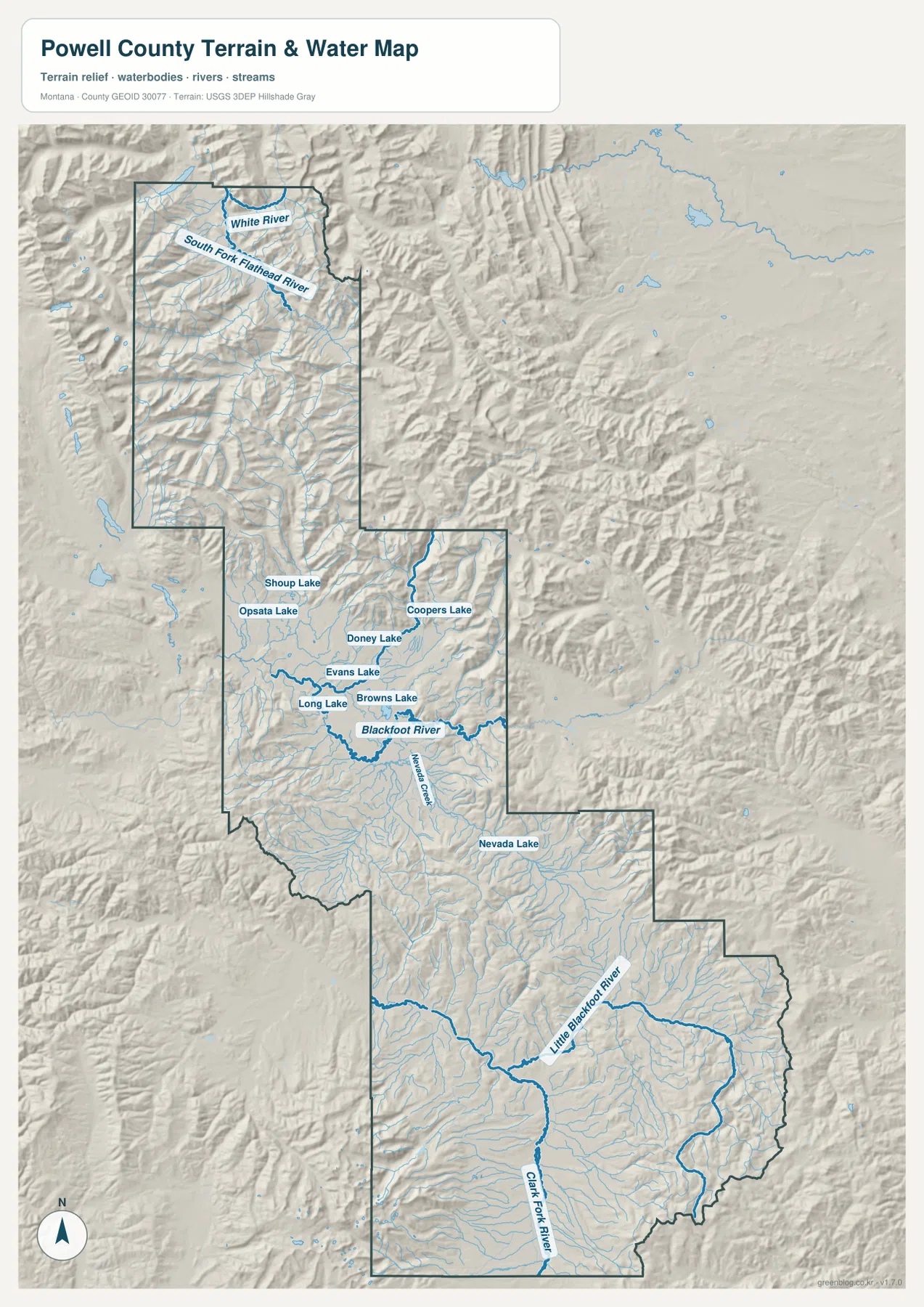 Powell County terrain and water map showing Blackfoot River, Little Blackfoot River, Clark Fork River, South Fork Flathead River, and mountain lakes