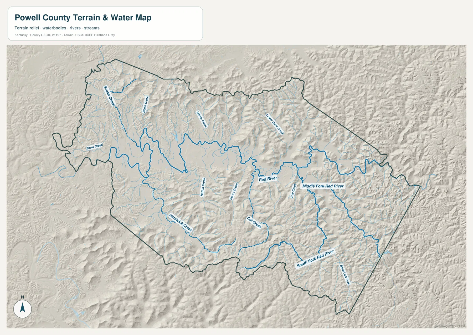 Powell County의 Red River, Middle Fork Red River, South Fork Red River, Blair Branch, Black Creek, Snow Creek, Hardwick Creek, Cat Creek와 주요 지류를 표시한 수역·지형 지도