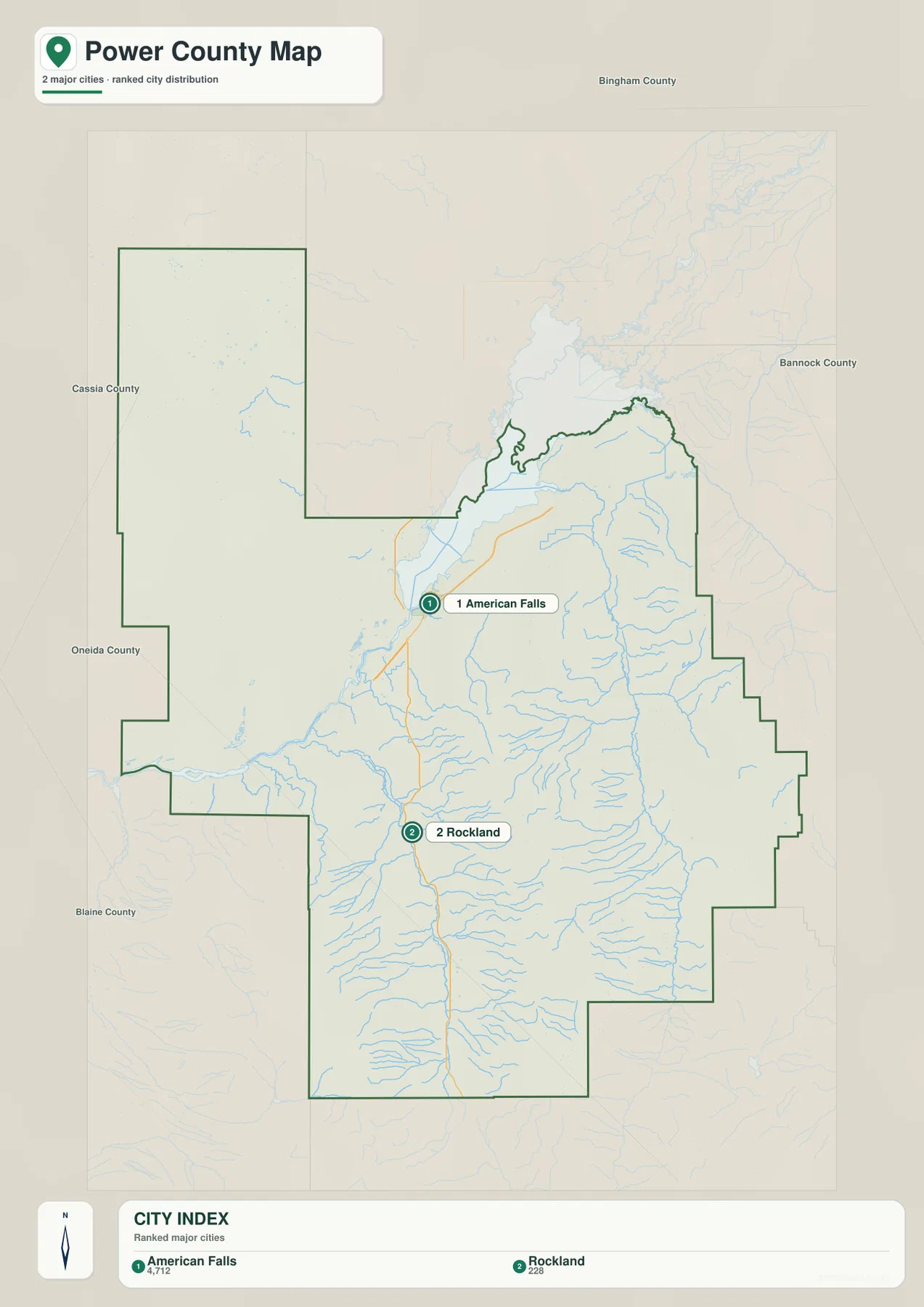 Power County city map ranking American Falls first and Rockland second