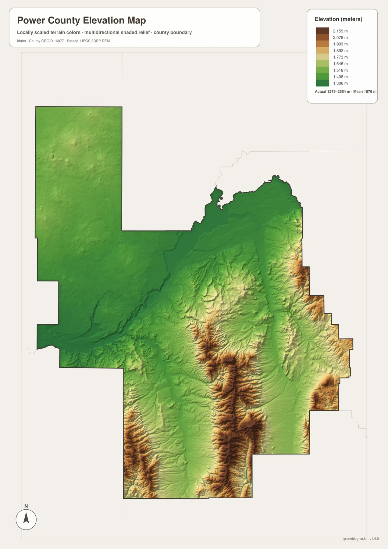 Power County elevation map showing a range from about 1279 to 2654 meters