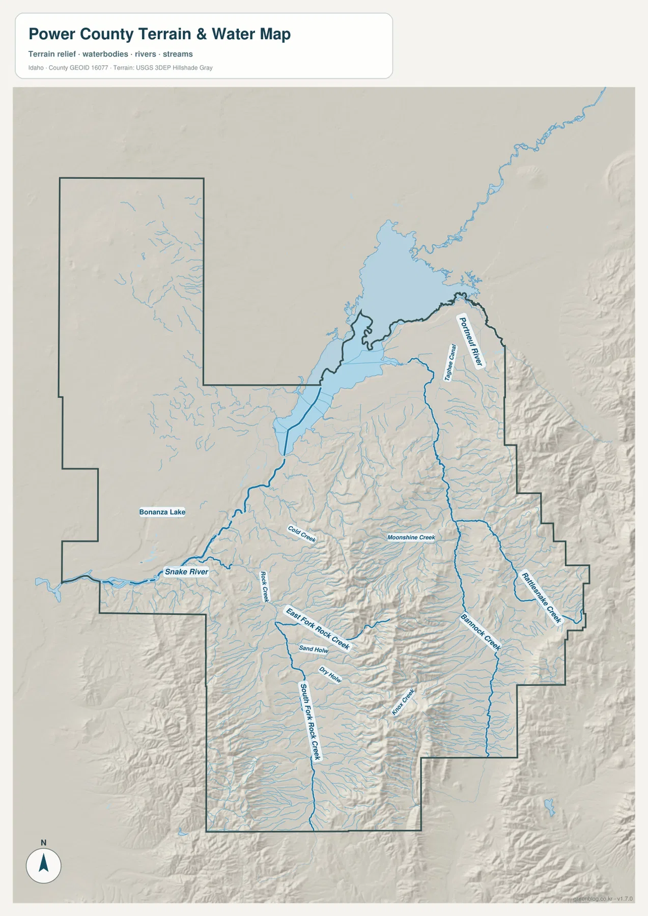 Power County water map showing American Falls Reservoir, Snake River, Portneuf River, Bannock Creek, and Rock Creek tributaries
