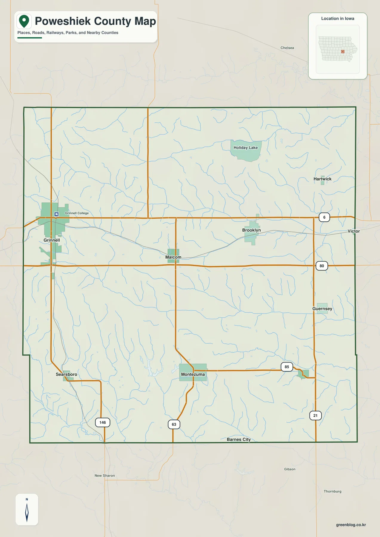 Poweshiek County Grinnell Brooklyn Montezuma I-80 U.S. 6 63 지도