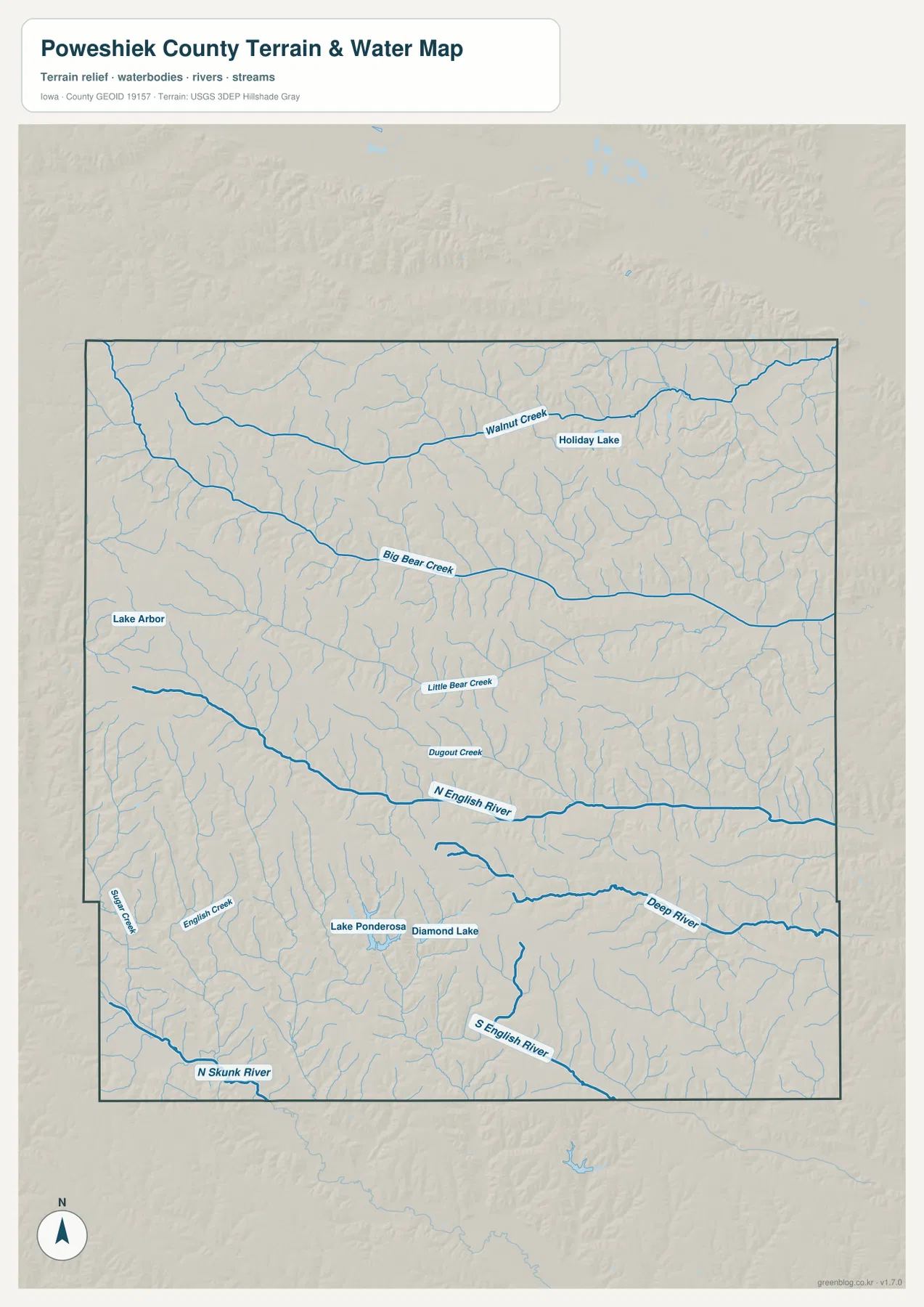 Poweshiek County Big Bear Creek English River Deep River Holiday Lake 물 지형 지도