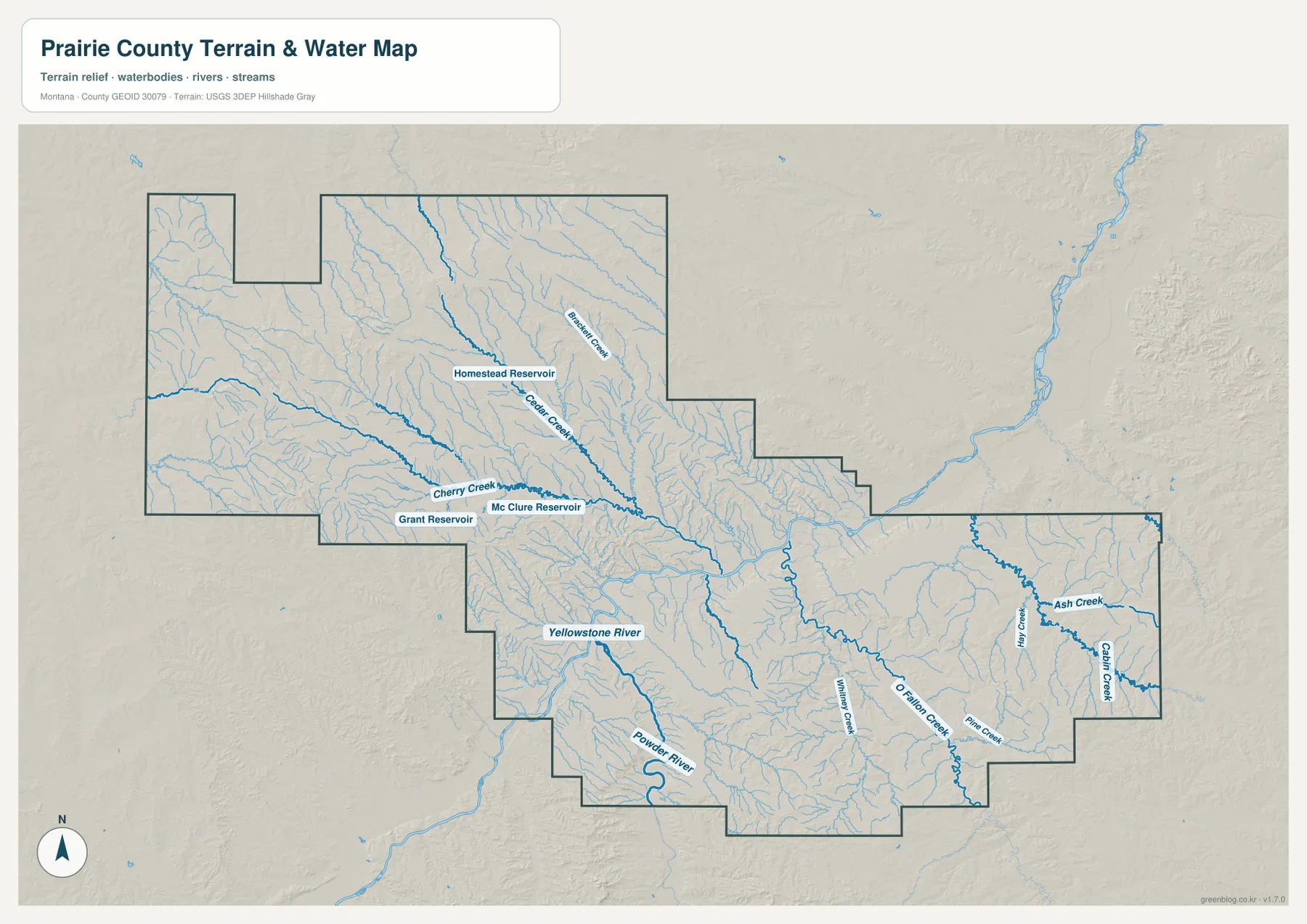 Yellowstone River, Powder River, O’Fallon Creek, Cedar Creek, Badger Creek와 주요 저수지를 표시한 Prairie County 수역 지형 지도
