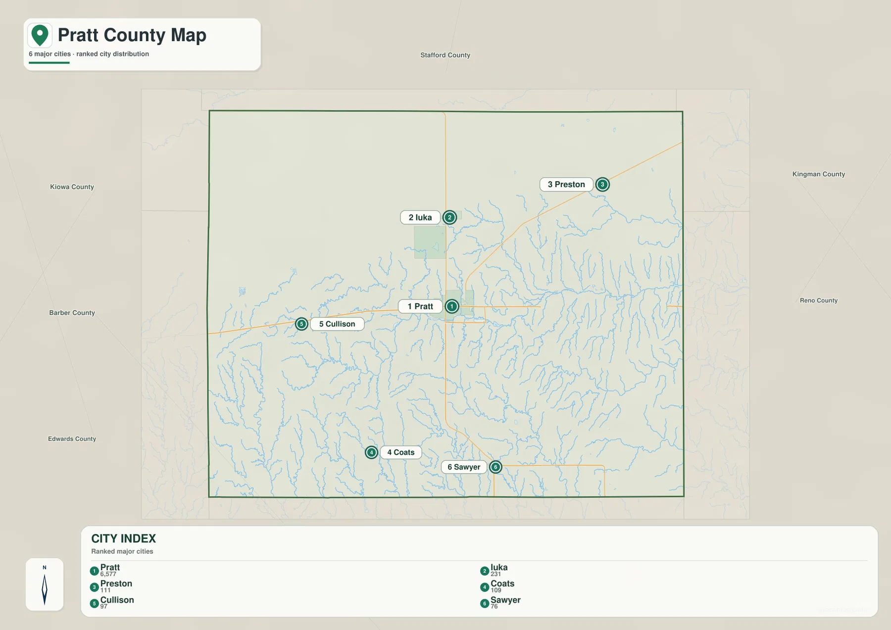 Pratt County Kansas city map showing Pratt, Iuka, Preston, Coats, Cullison and Sawyer