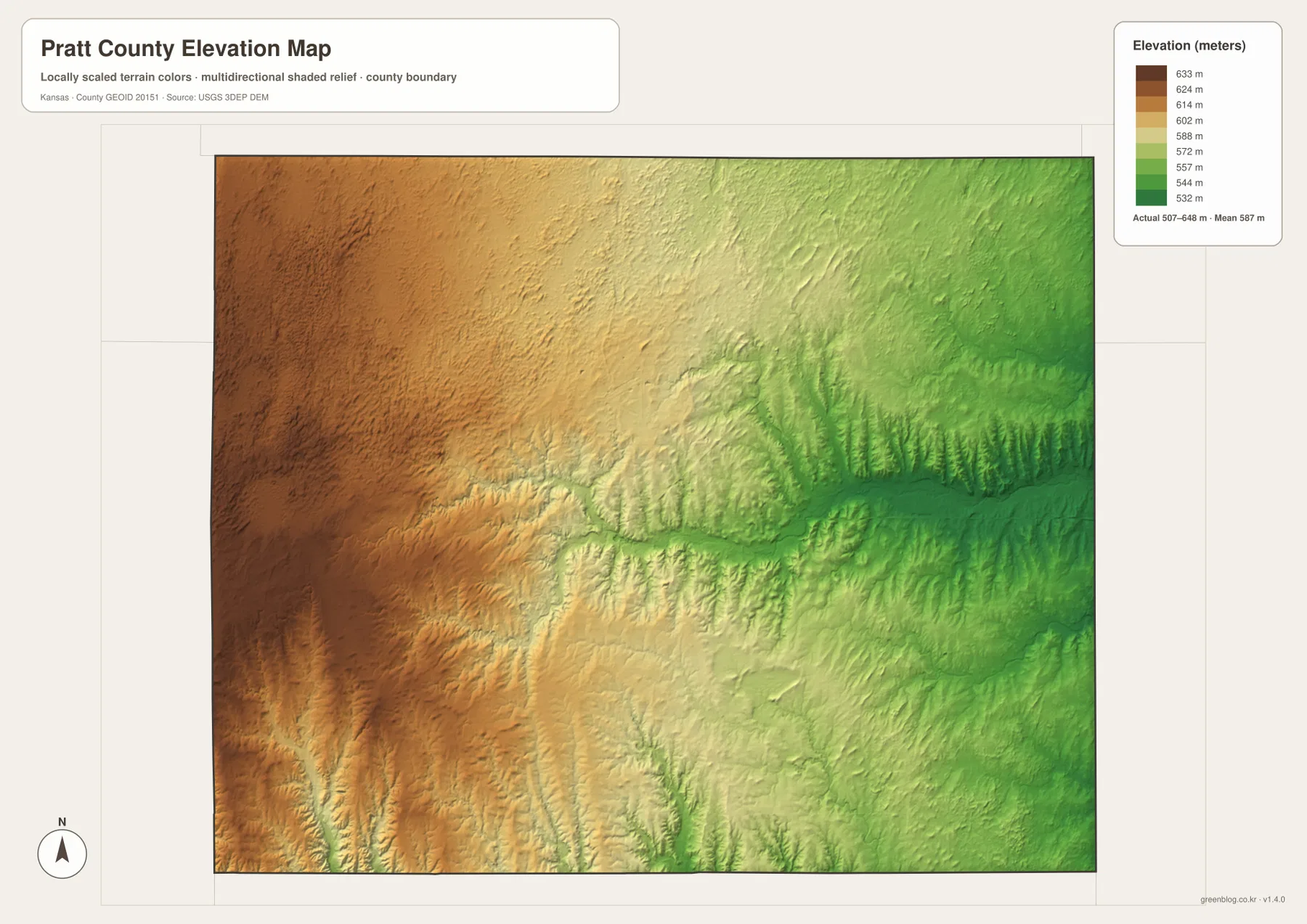 Pratt County Kansas elevation map showing 507 to 648 meter relief, western Sandhills uplands and lower Ninnescah River valleys