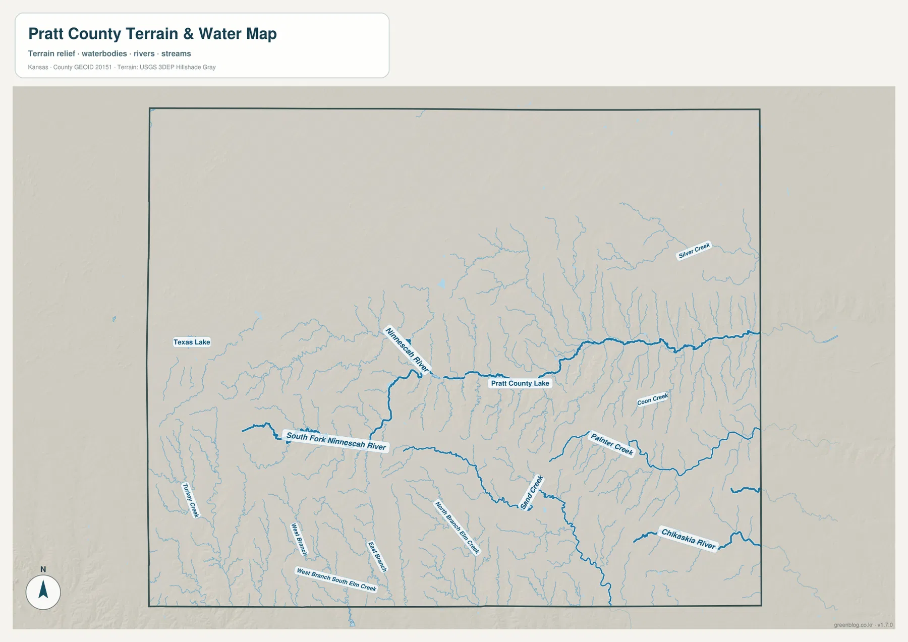 프랫 카운티 Ninnescah River, South Fork Ninnescah River, Sand Creek, Painter Creek, Chikaskia River와 Pratt County Lake 수역 지도