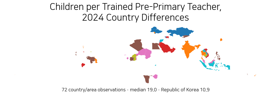 World map comparing children per trained pre-primary teacher in 2024