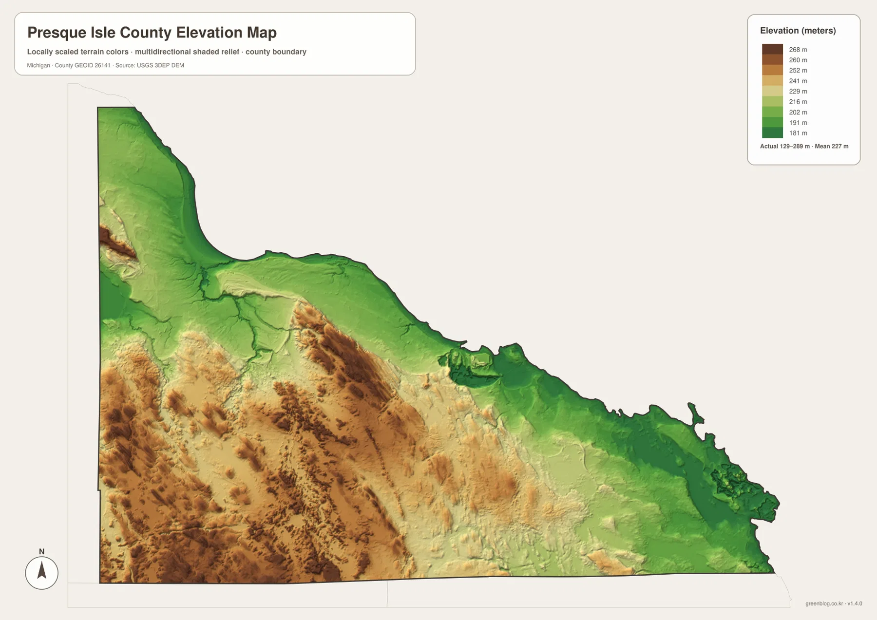 Presque Isle County elevation map showing low Lake Huron shoreline terrain and higher southwest and south-central ridges