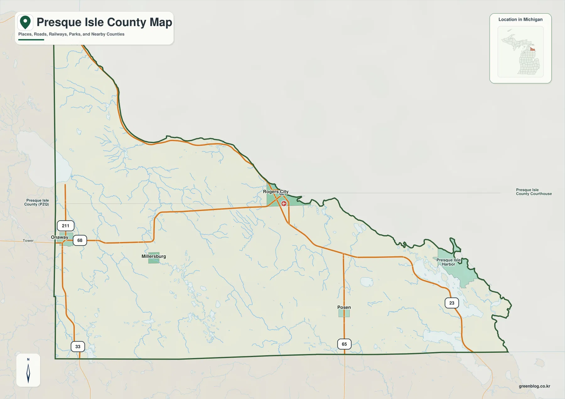 Presque Isle County map showing Rogers City, Onaway, Posen, Millersburg, US-23, M-68, M-65, M-211, and the Lake Huron shore