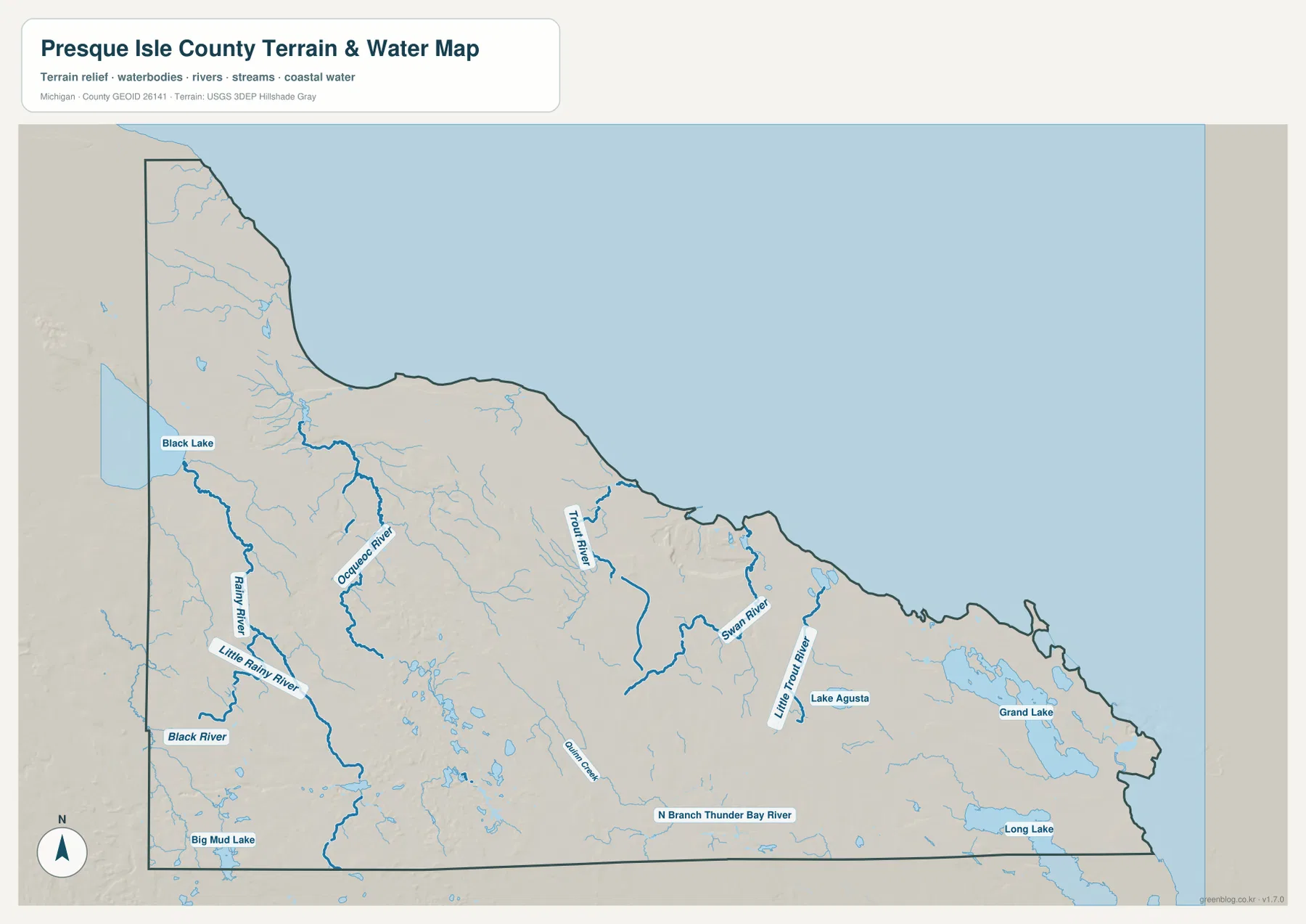 Presque Isle County water map showing Black Lake, Black River, Ocqueoc River, Trout River, Swan River, Grand Lake, Long Lake, and Lake Huron