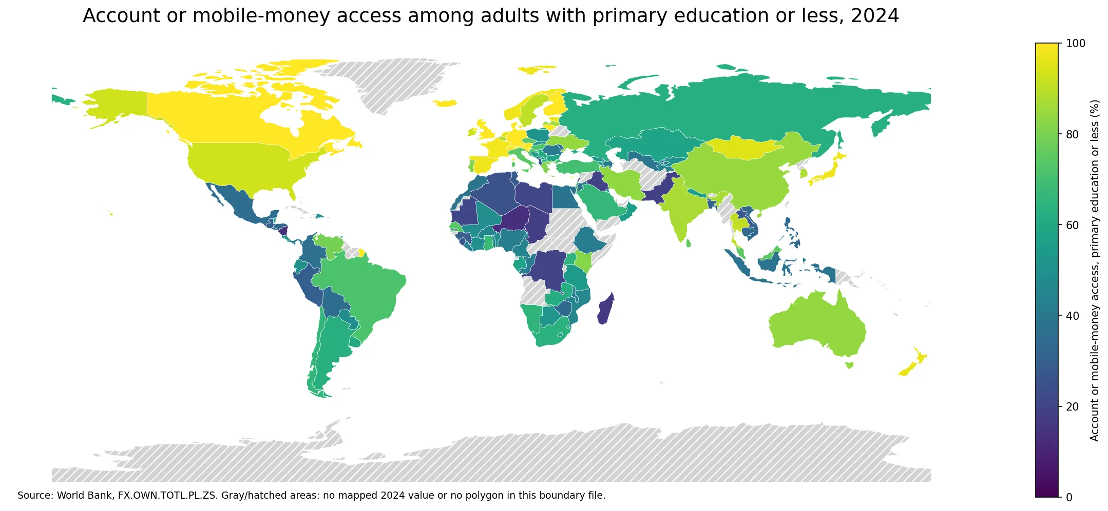 World map of account ownership or mobile-money use among adults with primary education or less in 2024