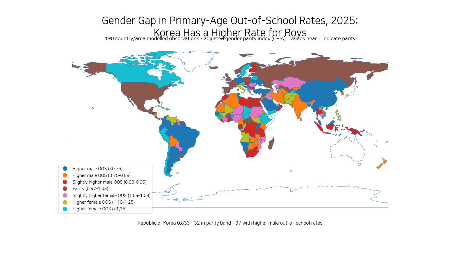 World map of the 2025 adjusted gender parity index for primary-school-age out-of-school rates