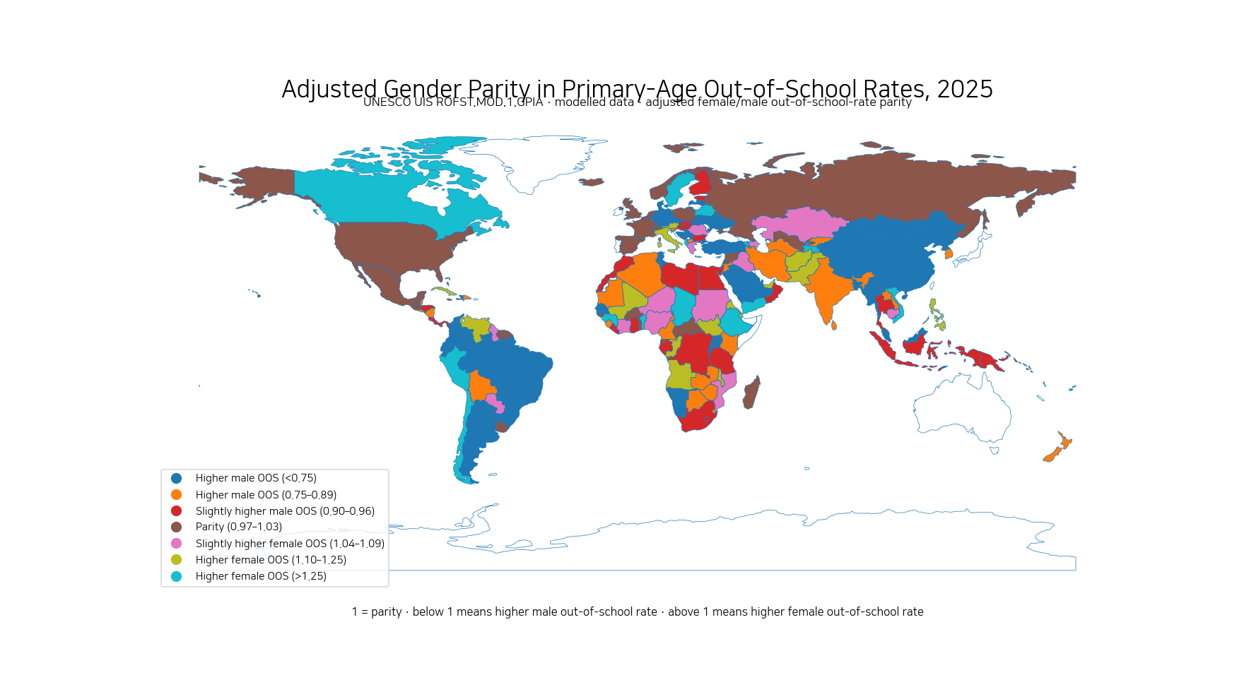 World map of the adjusted gender parity index for primary-school-age out-of-school rates in 2025