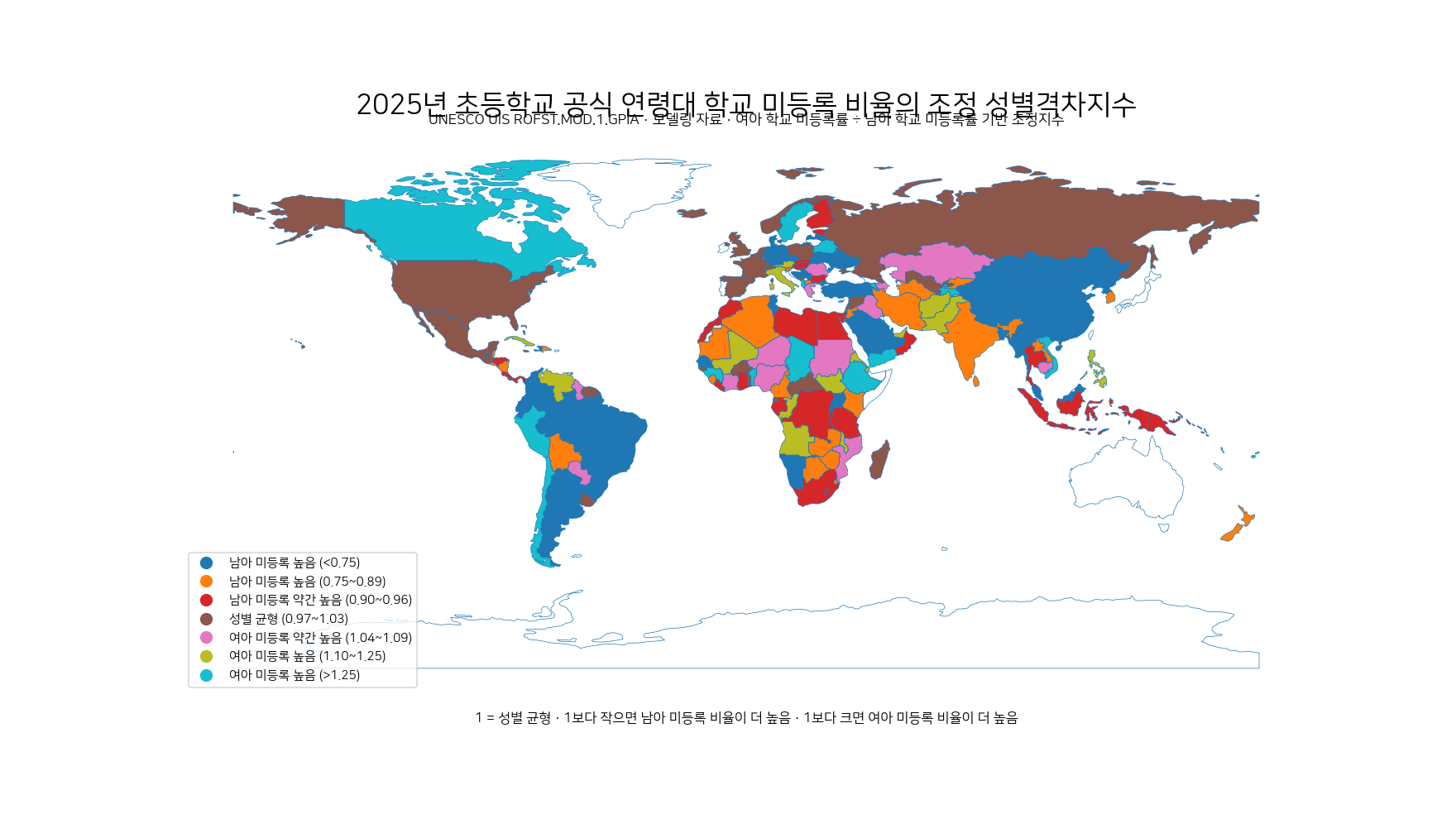2025년 초등학교 공식 연령대 학교 미등록 비율의 조정 성별격차지수를 국가별로 표시한 세계 지도