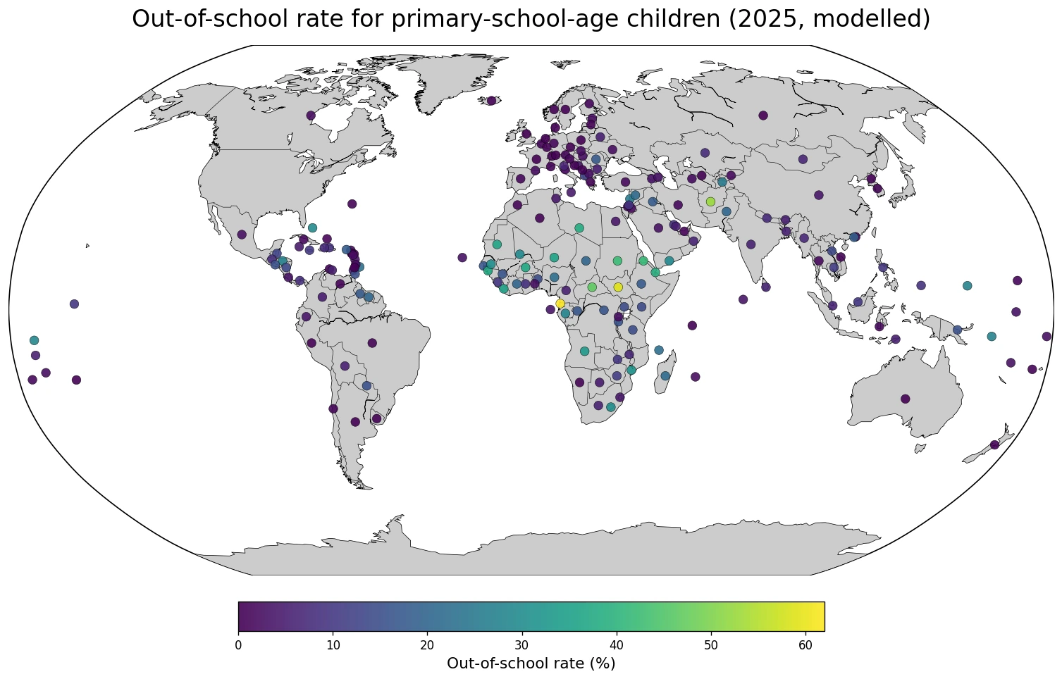 Map of the out-of-school rate for primary-school-age children in 2025