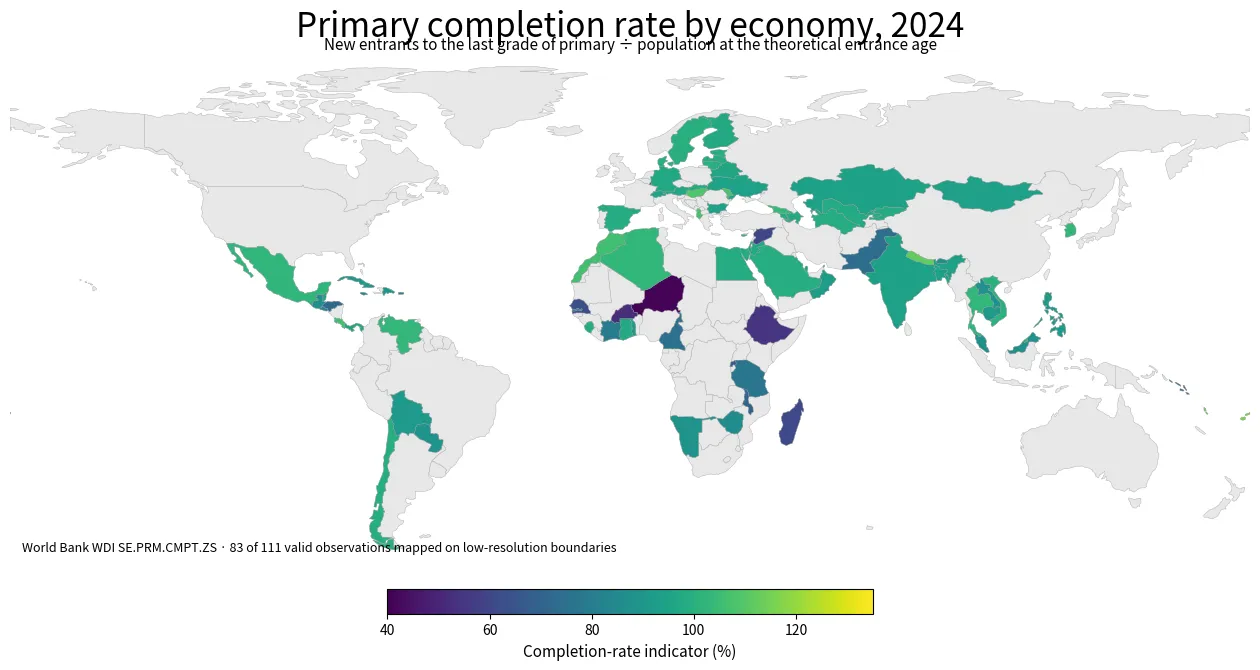 World map of the primary completion-rate indicator by country and economy in 2024