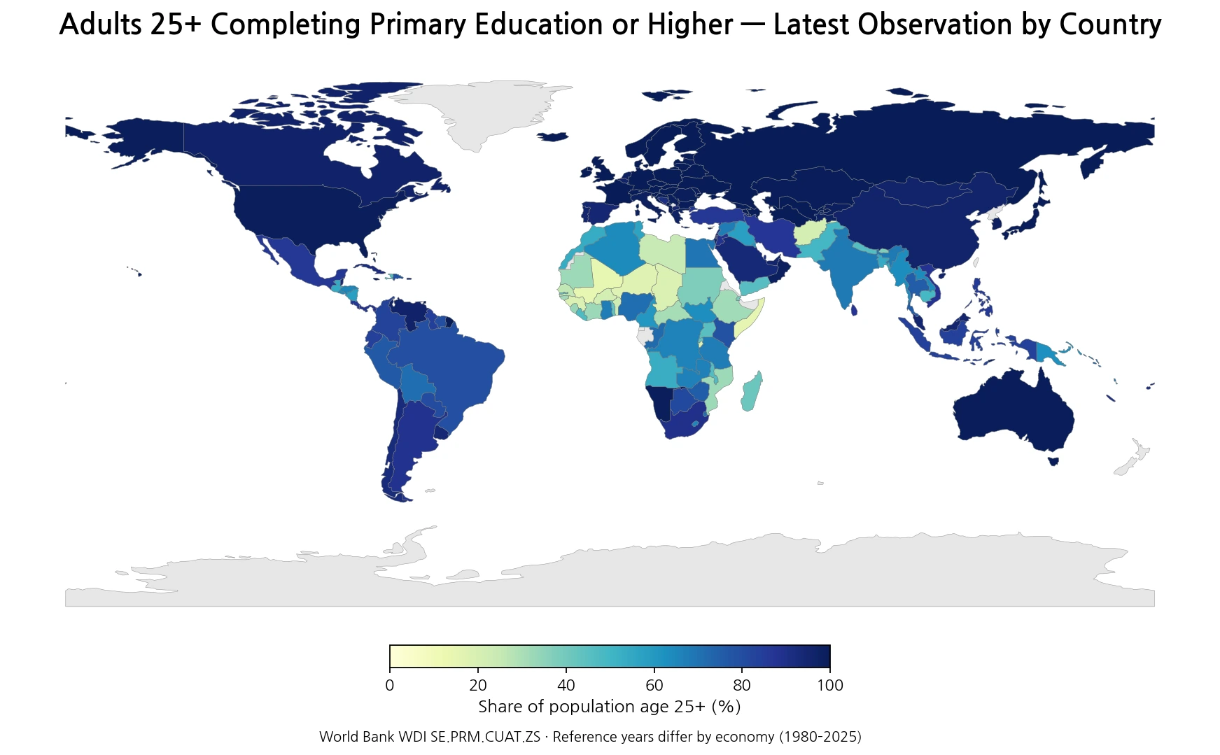 World map of adults age 25 and older completing primary education or higher