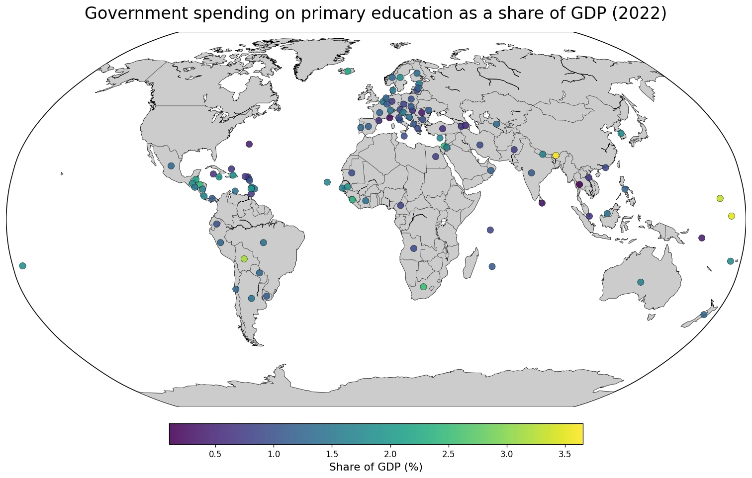 Map of government spending on primary education as a share of GDP in 2022