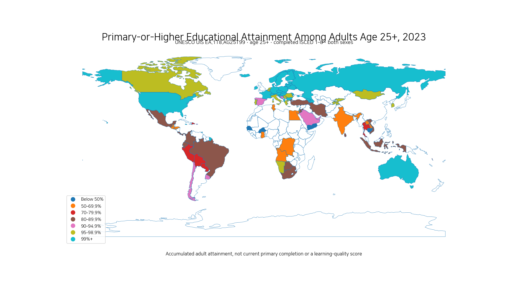 World map of primary-or-higher educational attainment among adults age 25 and older in 2023