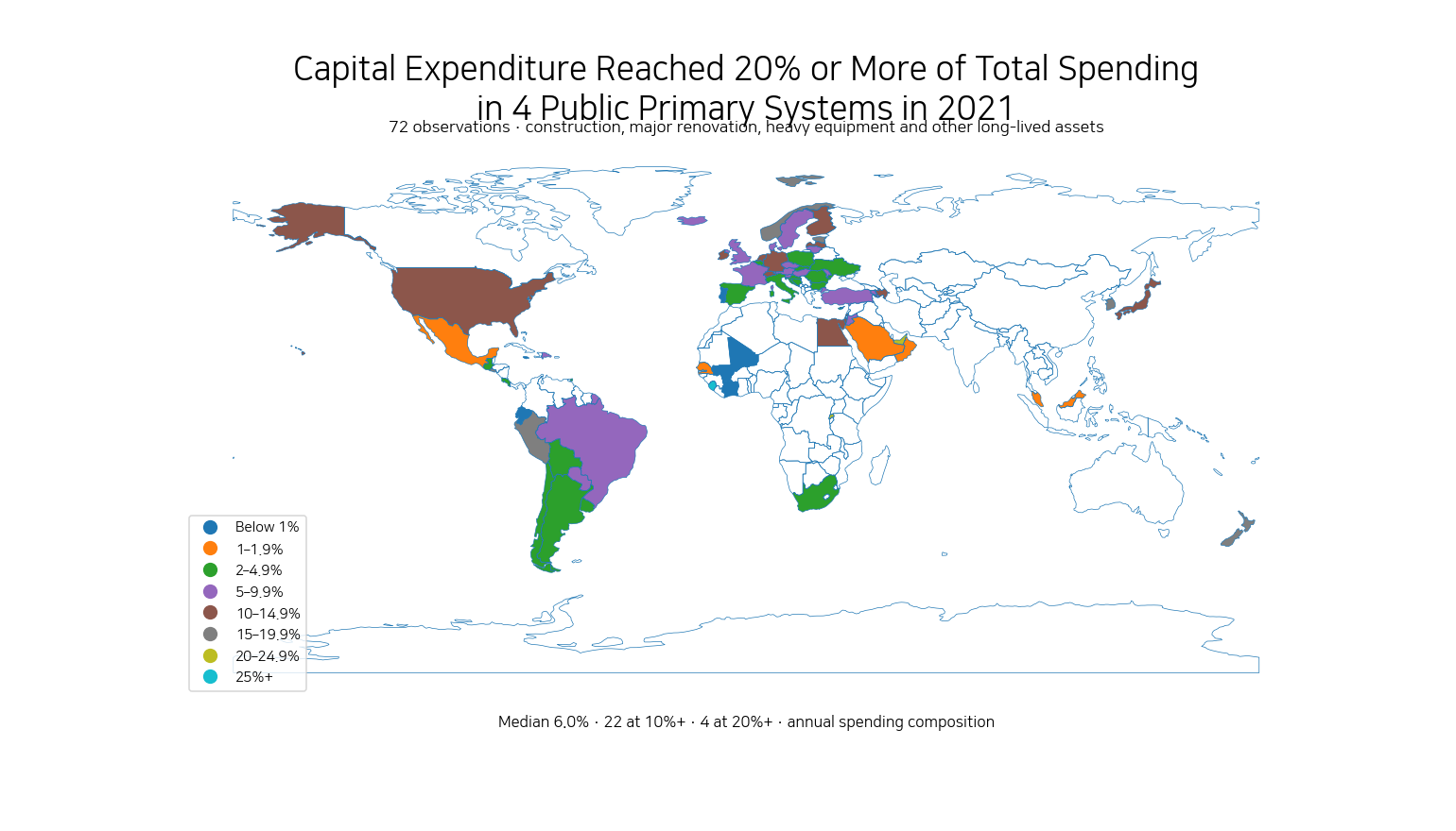 World map of capital expenditure as a share of total spending in public primary institutions in 2021
