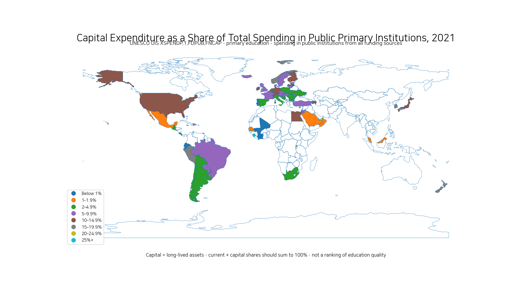 World map of capital expenditure as a share of total spending in public primary institutions in 2021