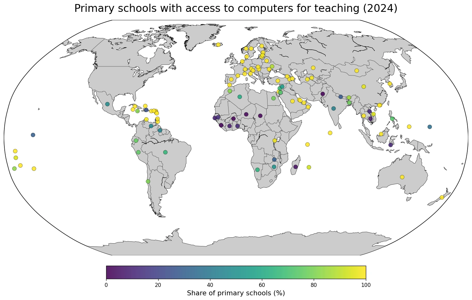 Map of the share of primary schools with access to computers for teaching in 2024
