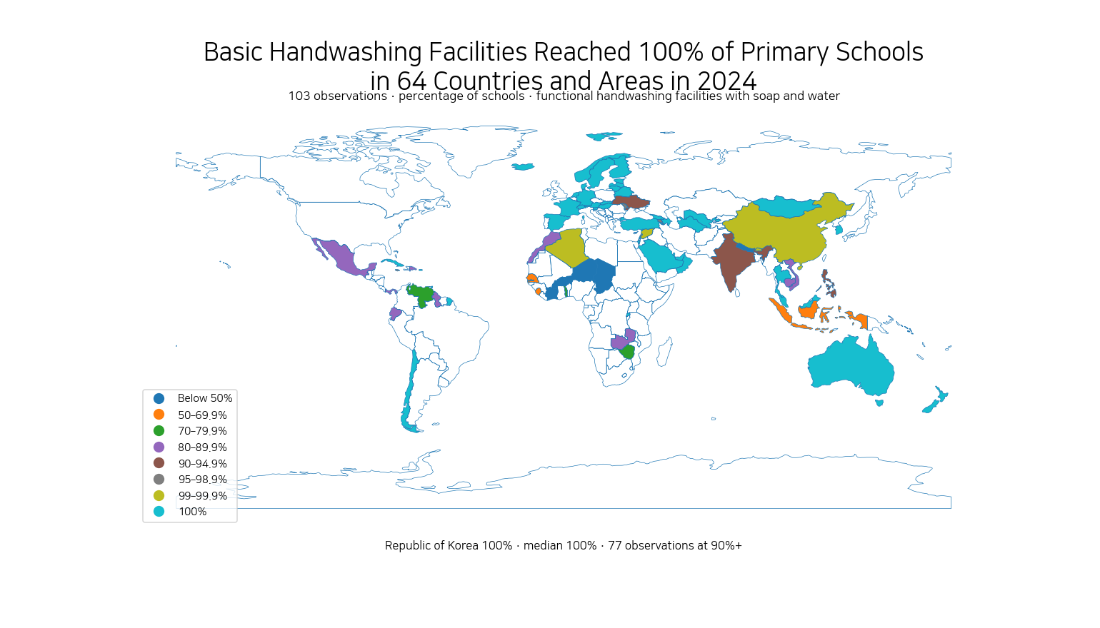 World map showing the 2024 share of primary schools with basic handwashing facilities