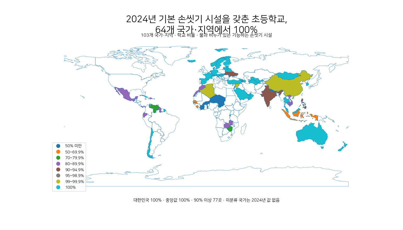 2024년 기본 손씻기 시설을 갖춘 초등학교 비율을 국가별로 보여 주는 세계 지도
