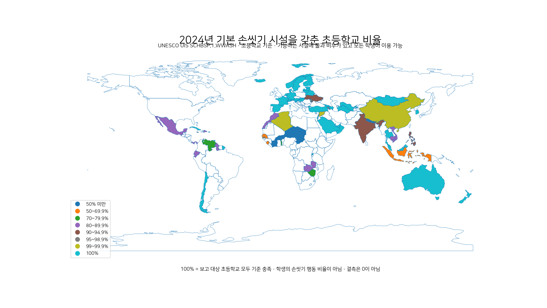 2024년 기본 손씻기 시설을 갖춘 초등학교 비율을 국가별로 표시한 세계 지도