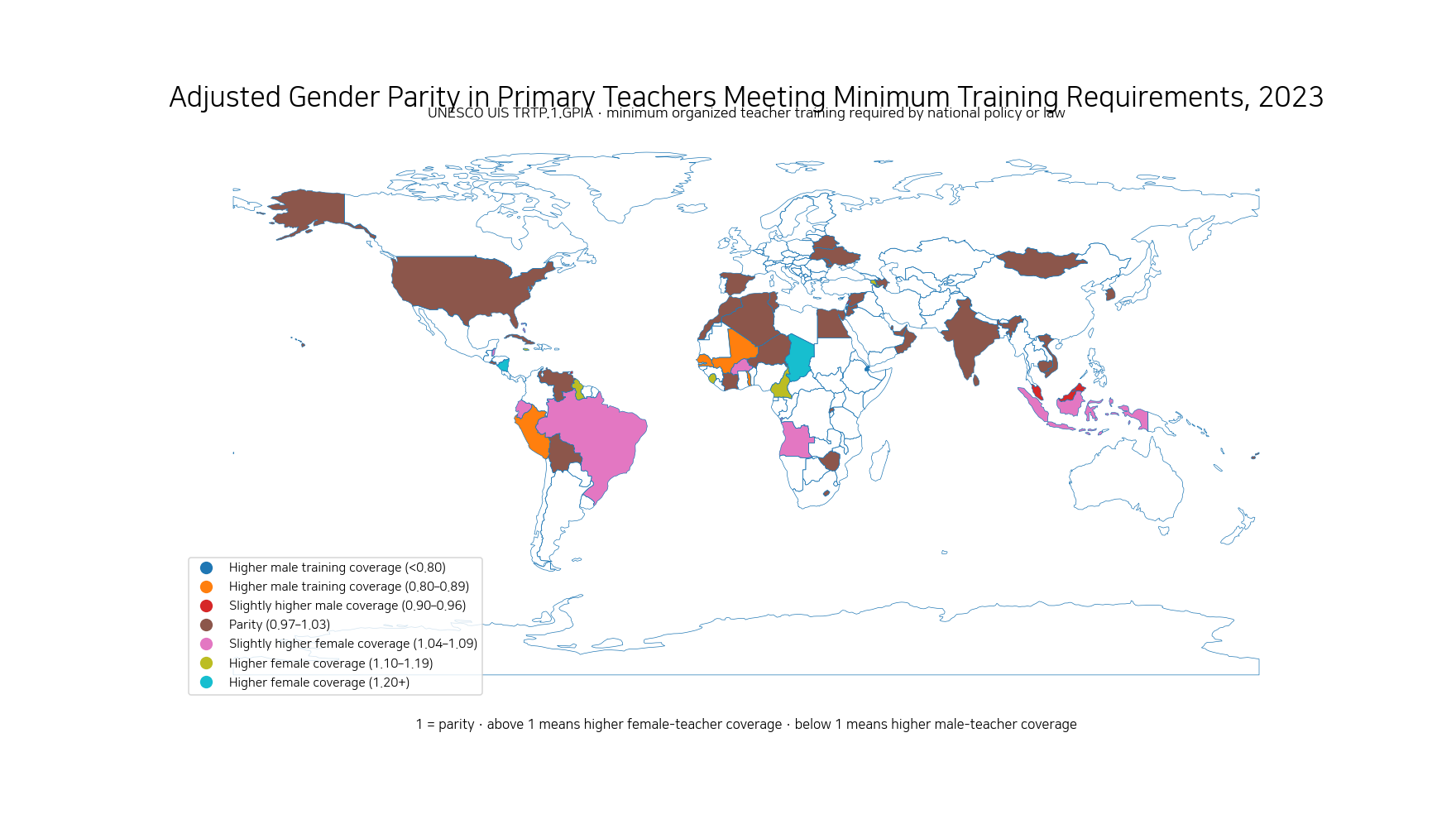 World map of adjusted gender parity in the share of primary teachers meeting minimum teacher-training requirements in 2023