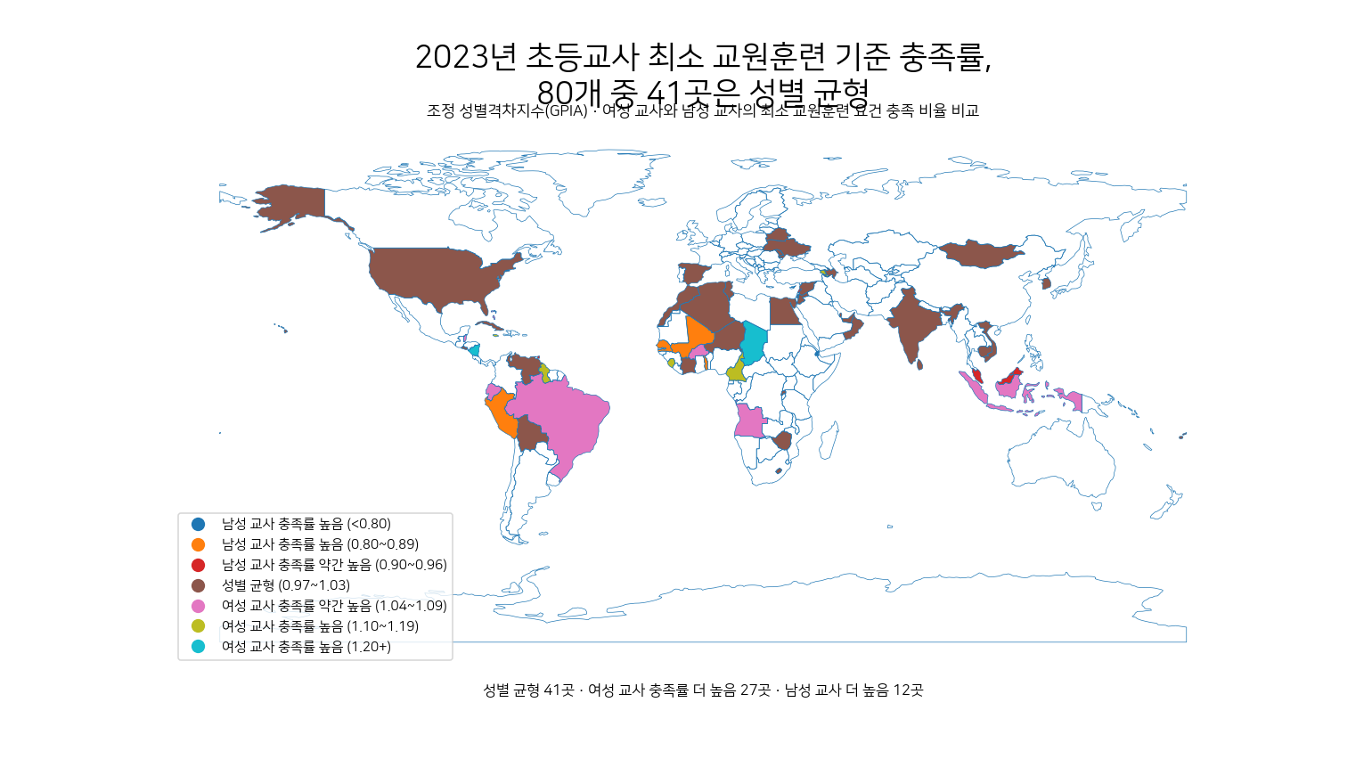 2023년 초등교사의 최소 교원훈련 요건 충족 비율 성별격차를 국가별로 보여 주는 세계 지도