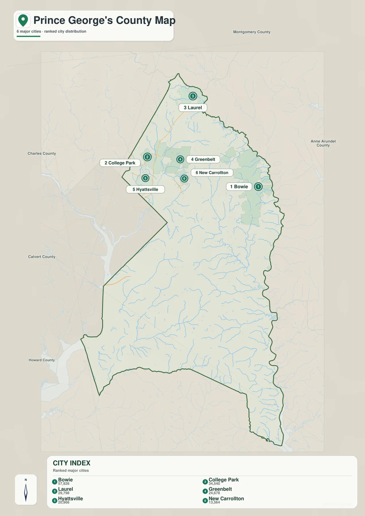 Prince George's County Maryland City Index 지도에서 Bowie, College Park, Laurel, Greenbelt, Hyattsville, New Carrollton이 순위로 표시된 모습