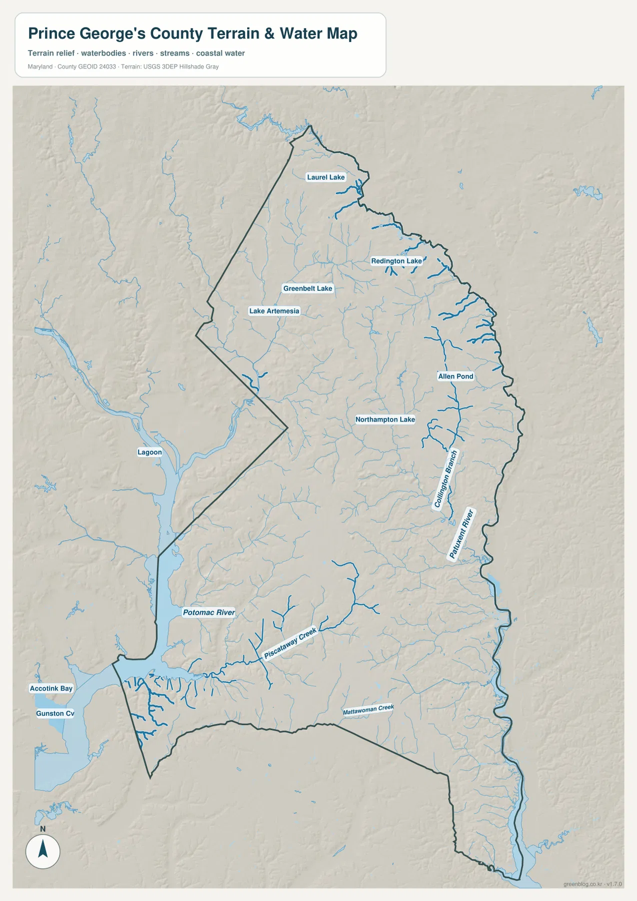Prince George's County Maryland 수역 지도에 Potomac River, Patuxent River, Piscataway Creek, Mattawoman Creek, Collington Branch, Greenbelt Lake, Lake Artemesia, Allen Pond와 여러 호수가 표시된 모습