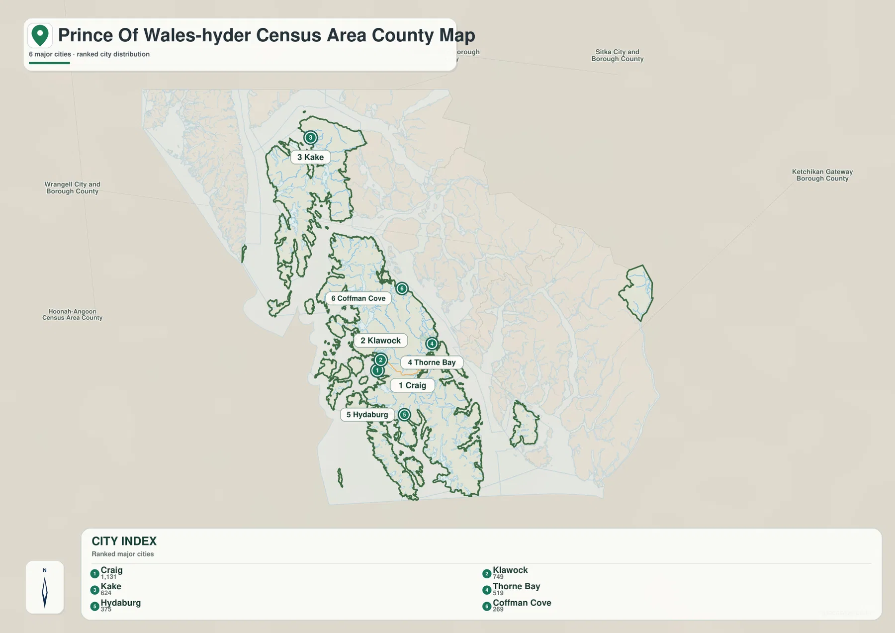Prince of Wales-Hyder Census Area Map city distribution for Craig, Klawock, Kake, Thorne Bay, Hydaburg, and Coffman Cove