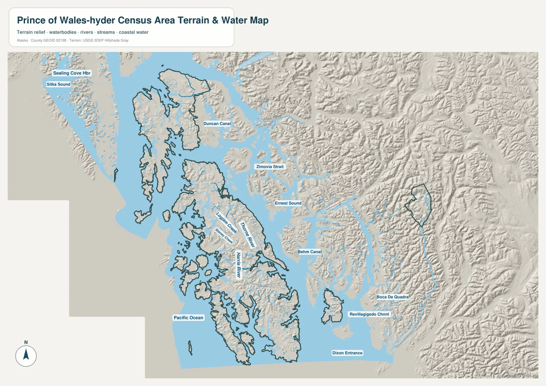 Prince of Wales-Hyder Census Area terrain and water map showing Duncan Canal, Ernest Sound, Behm Canal, Dixon Entrance, and major rivers