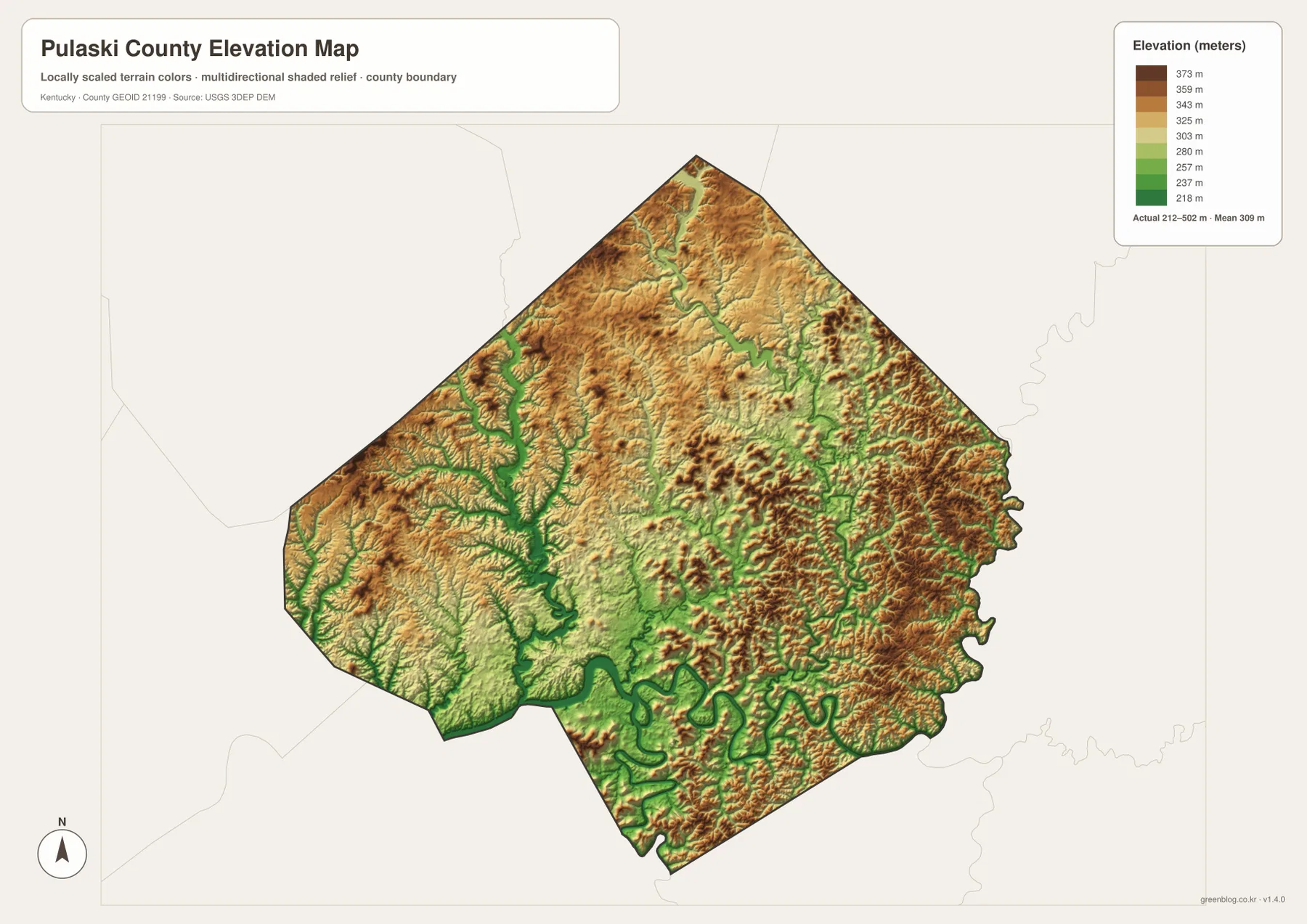 Pulaski County의 약 212~502m 고도 범위와 Lake Cumberland·Cumberland River 저지대, 동부·북부 높은 구릉을 보여 주는 고도 지도