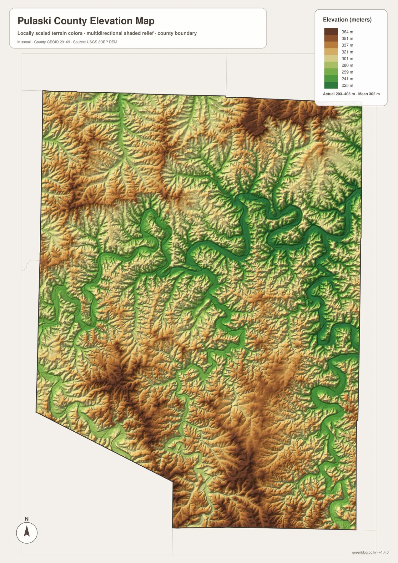 203~403m 고도 범위와 Gasconade River, Big Piney River 골짜기 및 높은 Ozark 능선을 보여 주는 Pulaski County 고도 지도