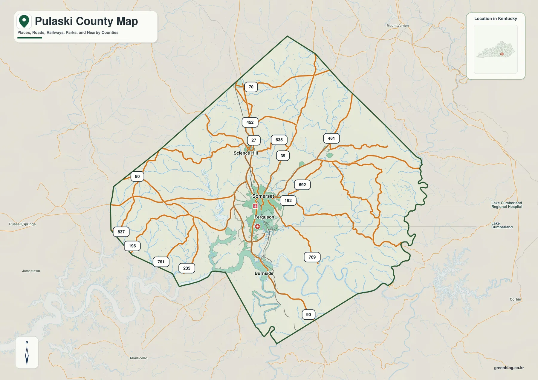 켄터키주 Pulaski County의 Somerset, Science Hill, Ferguson, Burnside와 US 27, 70번, 80번, 90번, 192번, 39번 도로를 표시한 지도