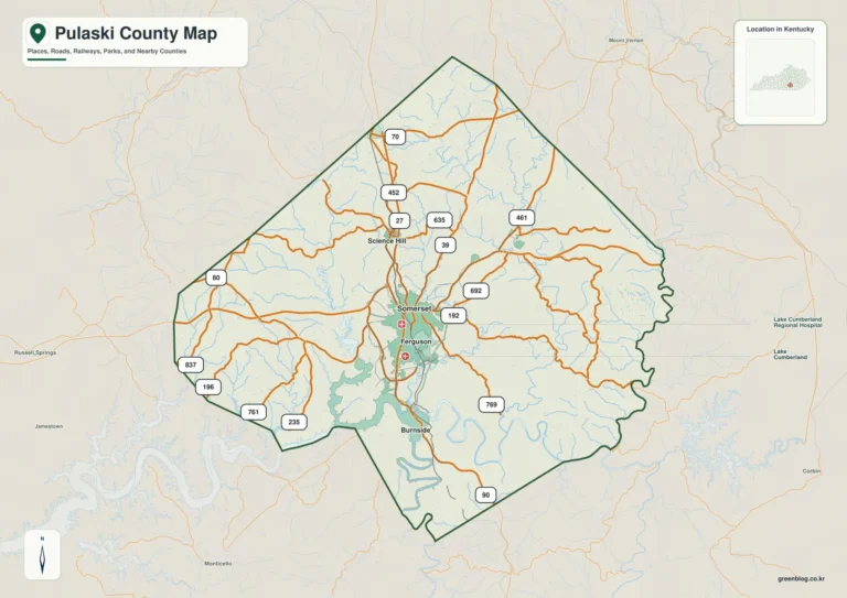Somerset·Lake Cumberland와 남동부 구릉 – 켄터키주 풀라스키 카운티 지도(Pulaski County)