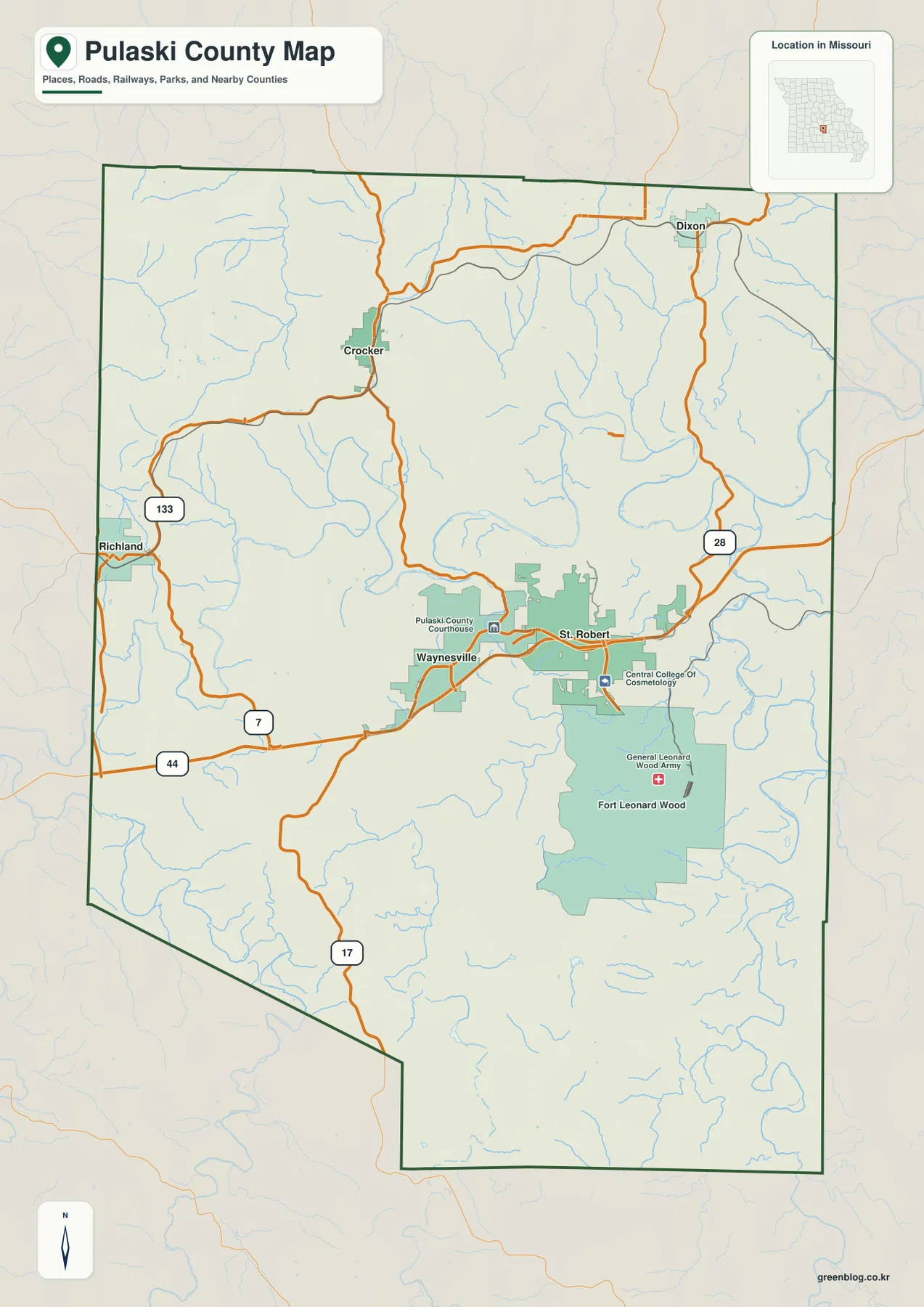 Waynesville, St. Robert, Crocker, Dixon, Richland, Fort Leonard Wood와 I-44, Route 17, 28, 133을 표시한 미주리주 Pulaski County 지도