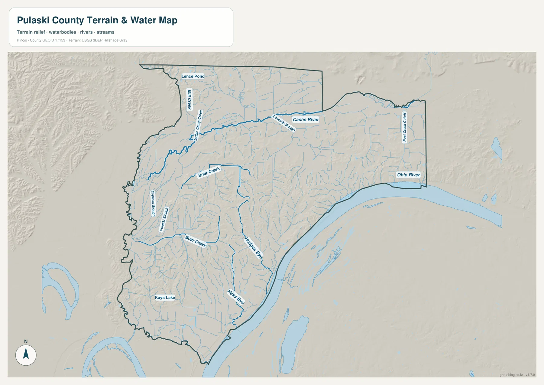 Cache River, Ohio River, Briar Creek, Boar Creek, Hodges Bayou, Hess Bayou와 Kays Lake를 보여 주는 Pulaski County 지형·수역 지도