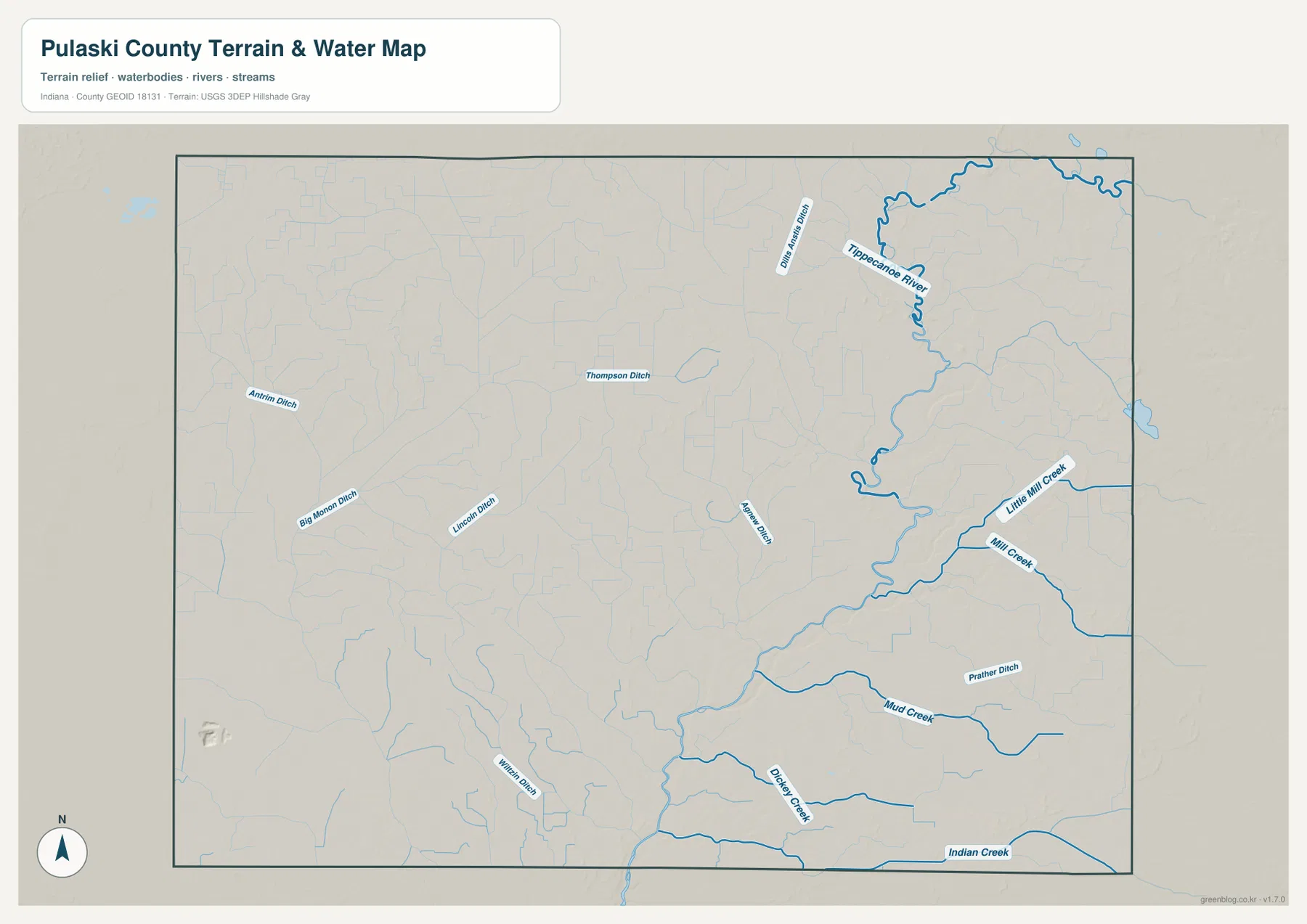 Pulaski County 수역 지도에 Tippecanoe River, Little Mill Creek, Mill Creek, Mud Creek, Indiana Creek와 여러 배수로가 표시된 모습