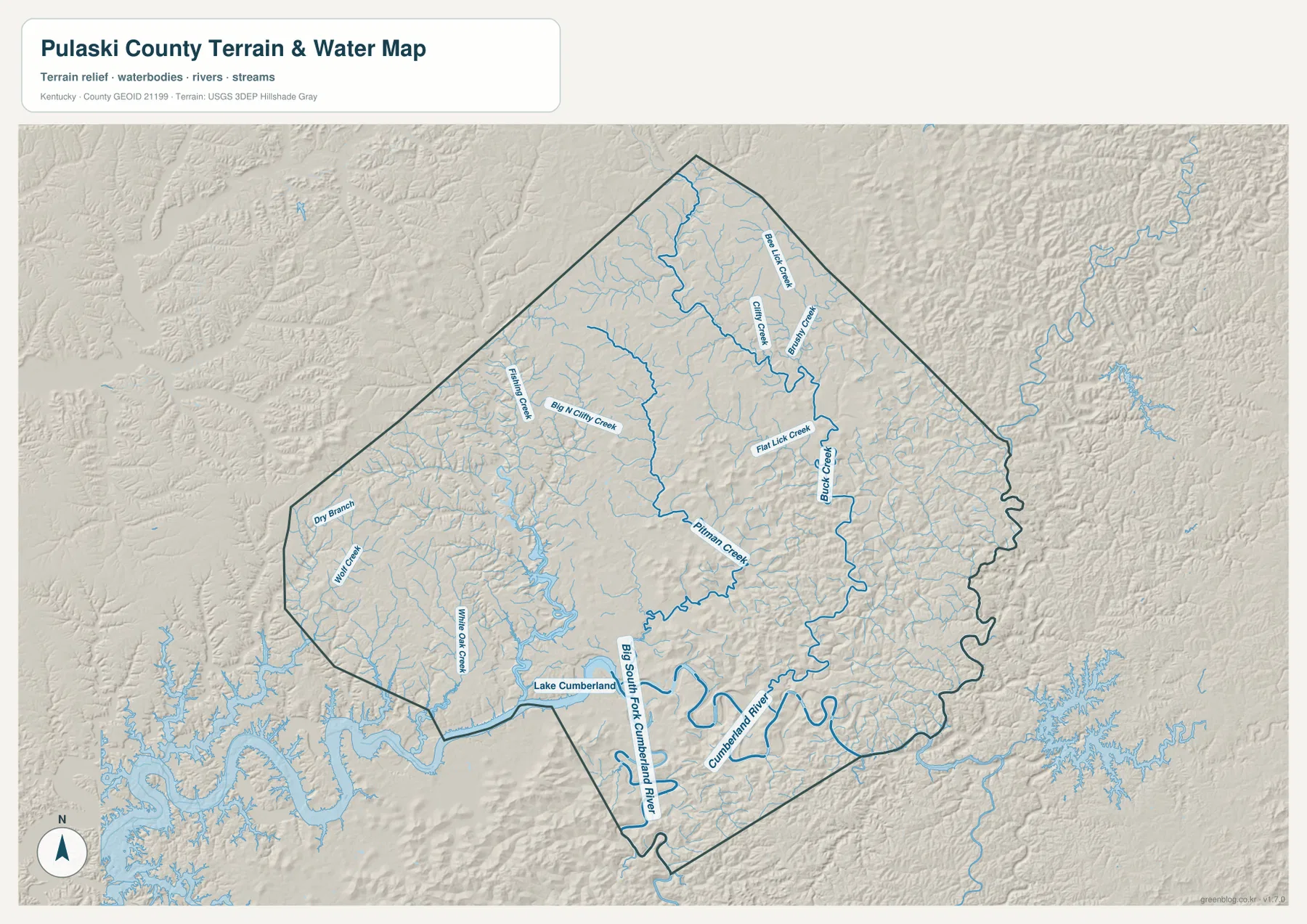 Pulaski County의 Lake Cumberland, Cumberland River, Big South Fork Cumberland River, Buck Creek, Pitman Creek, Fishing Creek, White Oak Creek와 주요 지류를 표시한 수역·지형 지도