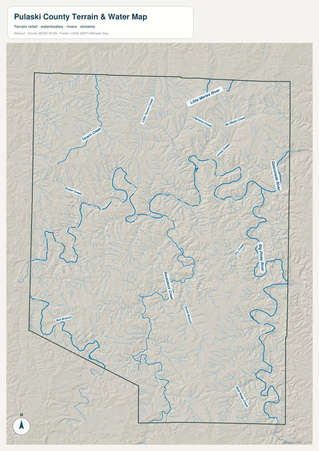 Gasconade River, Big Piney River, Roubidoux Creek, Little Maries River, Tavern Creek를 표시한 Pulaski County 지형 수역 지도