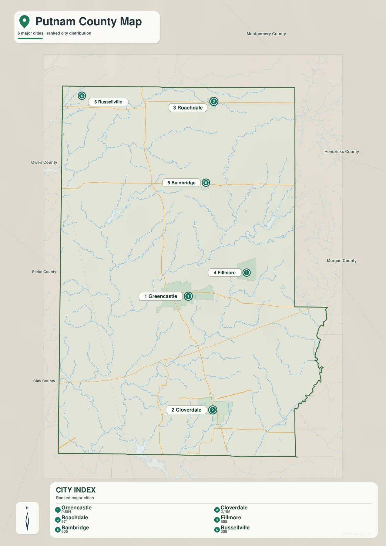 Putnam County 도시 지도에 Greencastle, Cloverdale, Roachdale, Fillmore, Bainbridge, Russellville이 표시된 모습