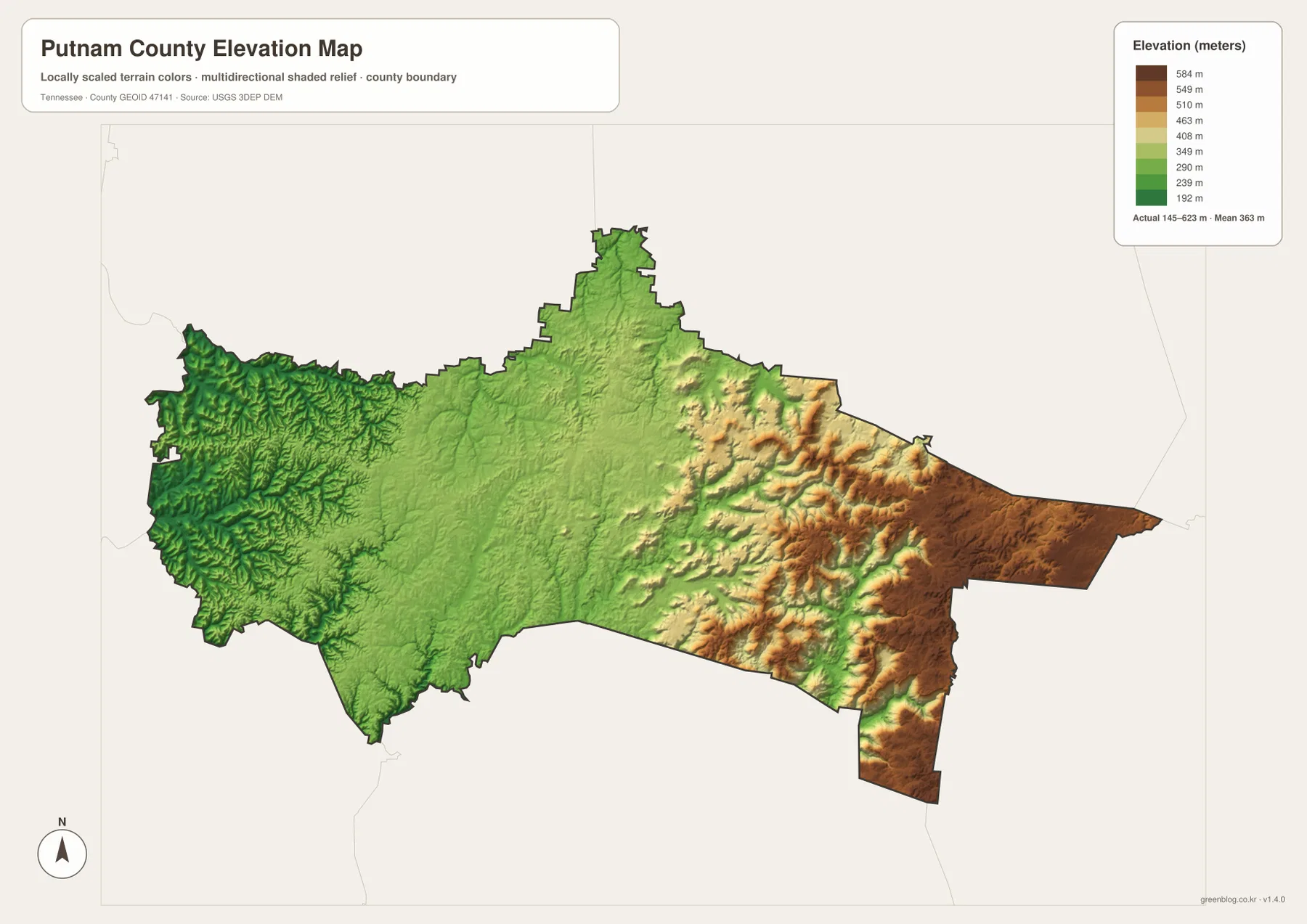 Putnam County elevation map showing 145 to 623 meter relief from western valleys to eastern high ground